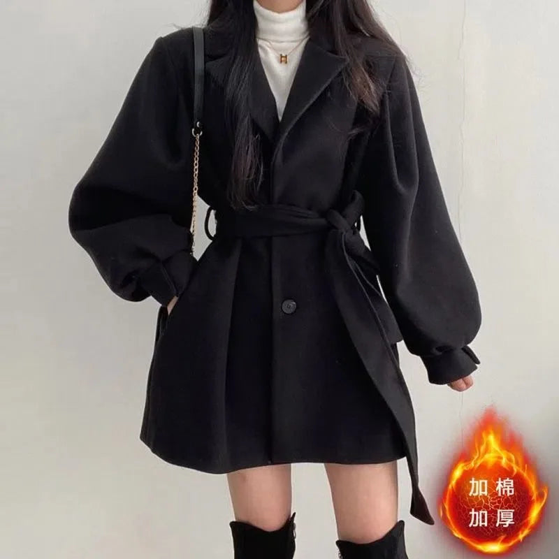 Women's Vintage Lantern Sleeve Woolen Coat - Single-Breasted Belted Winter Overcoat