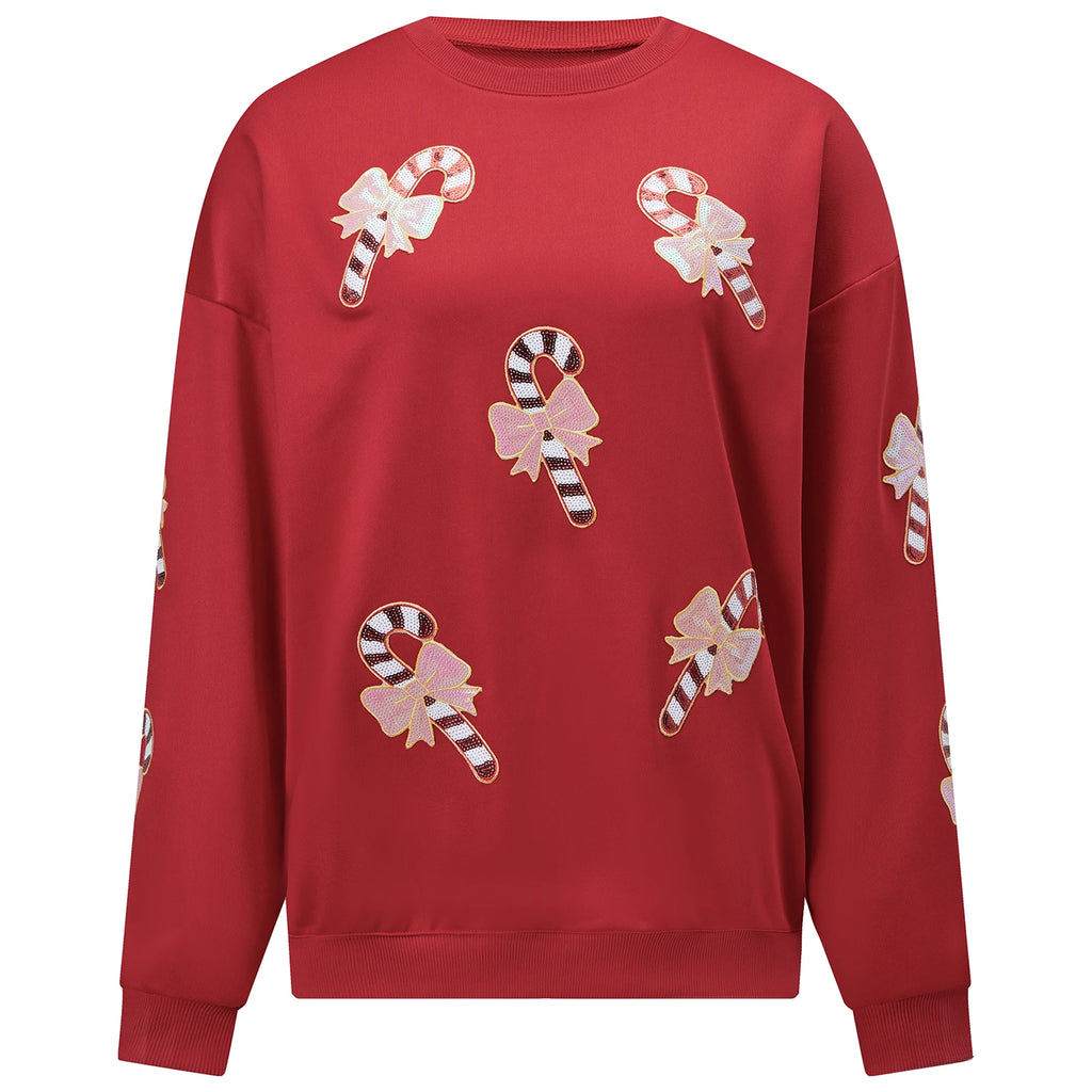 Matilda | Women Sequin Candy Cane Patch Christmas Sweatshirt