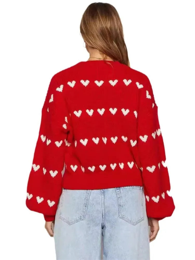 Women's Two-Tone Heart Jacquard Knit Sweater - Cute O-Neck Trendy Pullover