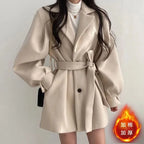 Women's Vintage Lantern Sleeve Woolen Coat - Single-Breasted Belted Winter Overcoat