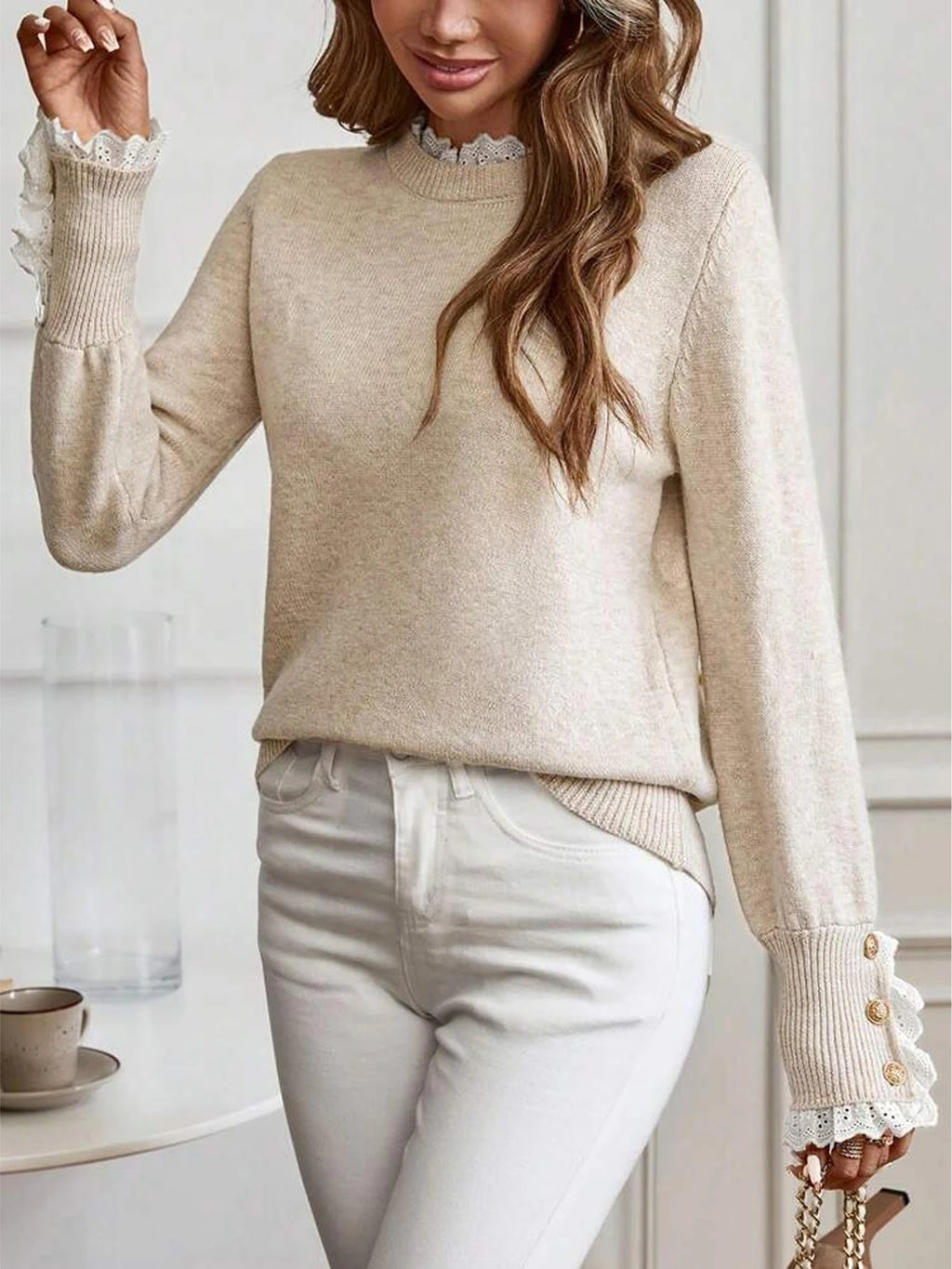 Ottilie | Women Lace Trim Round Neck Knit Sweater