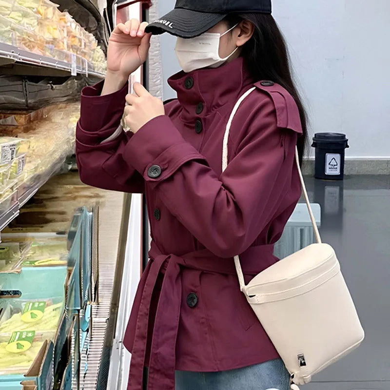 Women's Cropped Trench Coat - Chic Stand Collar Double-Breasted Belted Jacket