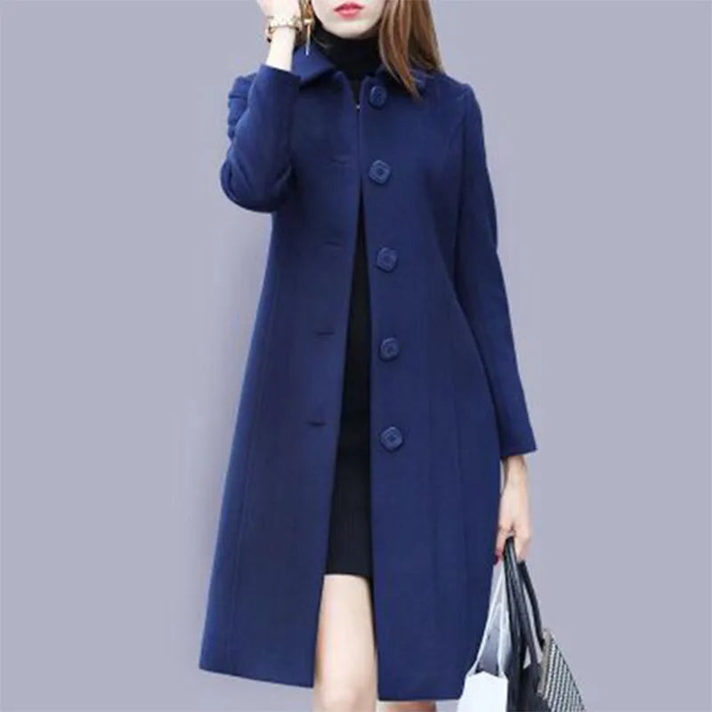 Women's Classic Solid Button Wool Jacket - Chic Long-Sleeve Pocket Outwear