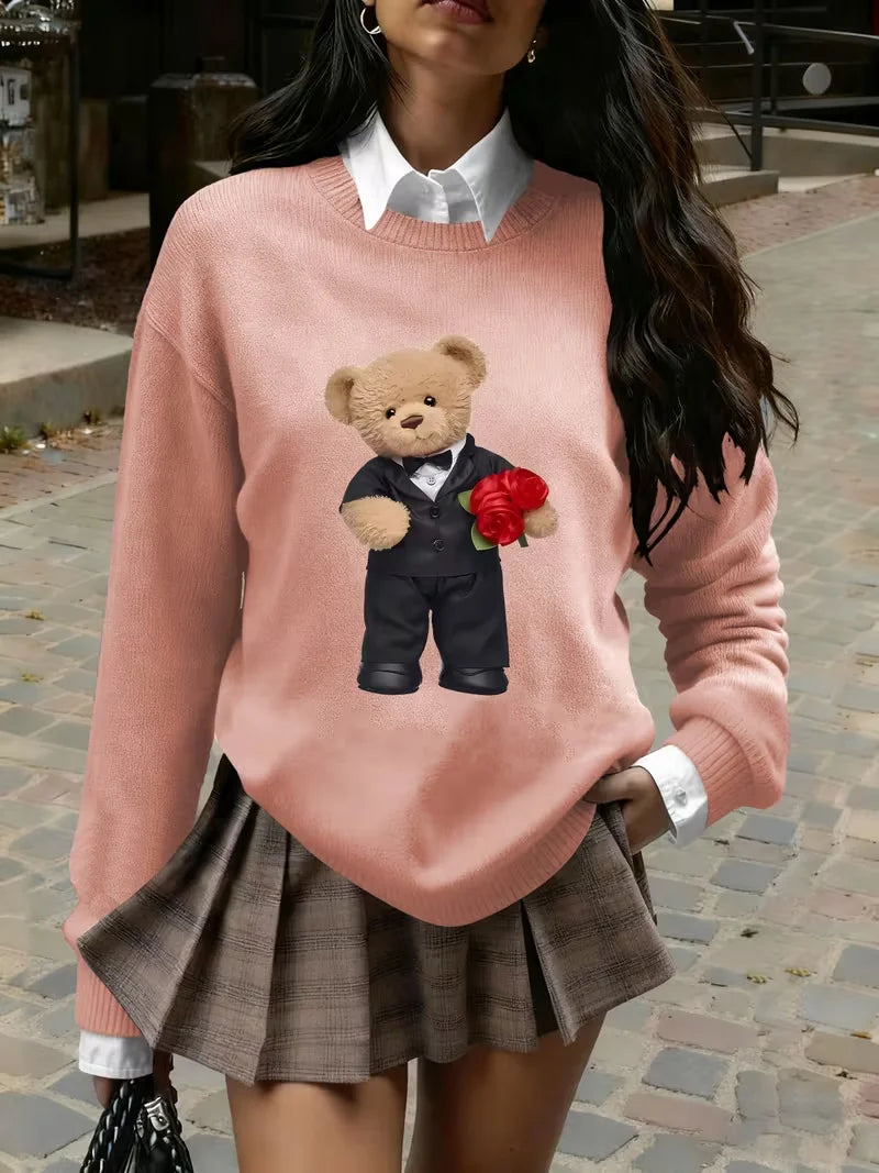 Women's Cute Bear Print Knit Sweater - Heavyweight Crewneck Pullover