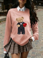 Women's Cute Bear Print Knit Sweater - Heavyweight Crewneck Pullover