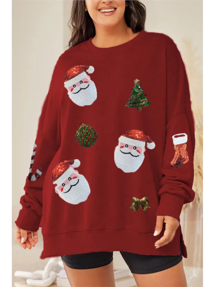 Nadia | Women Loose Fit Santa Print Crew Neck Christmas Sweatshirt