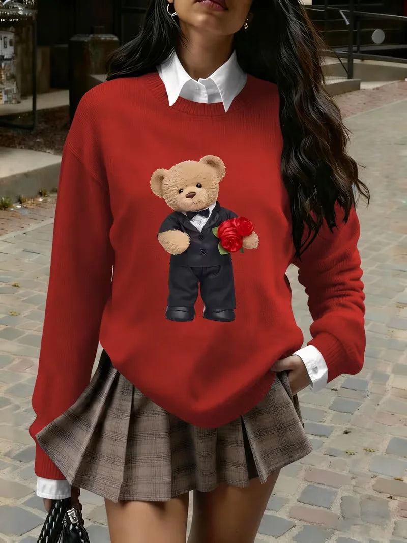 Women's Cute Bear Print Knit Sweater - Heavyweight Crewneck Pullover