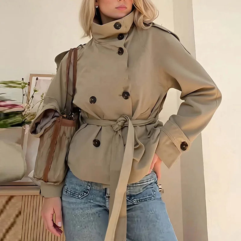 Women's Cropped Trench Coat - Chic Stand Collar Double-Breasted Belted Jacket