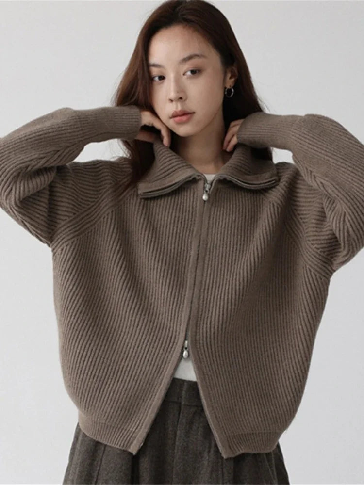 Astrid | Women Ribbed Double Zip Turtleneck Knit Cardigan