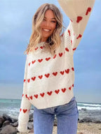 Women's Two-Tone Heart Jacquard Knit Sweater - Cute O-Neck Trendy Pullover