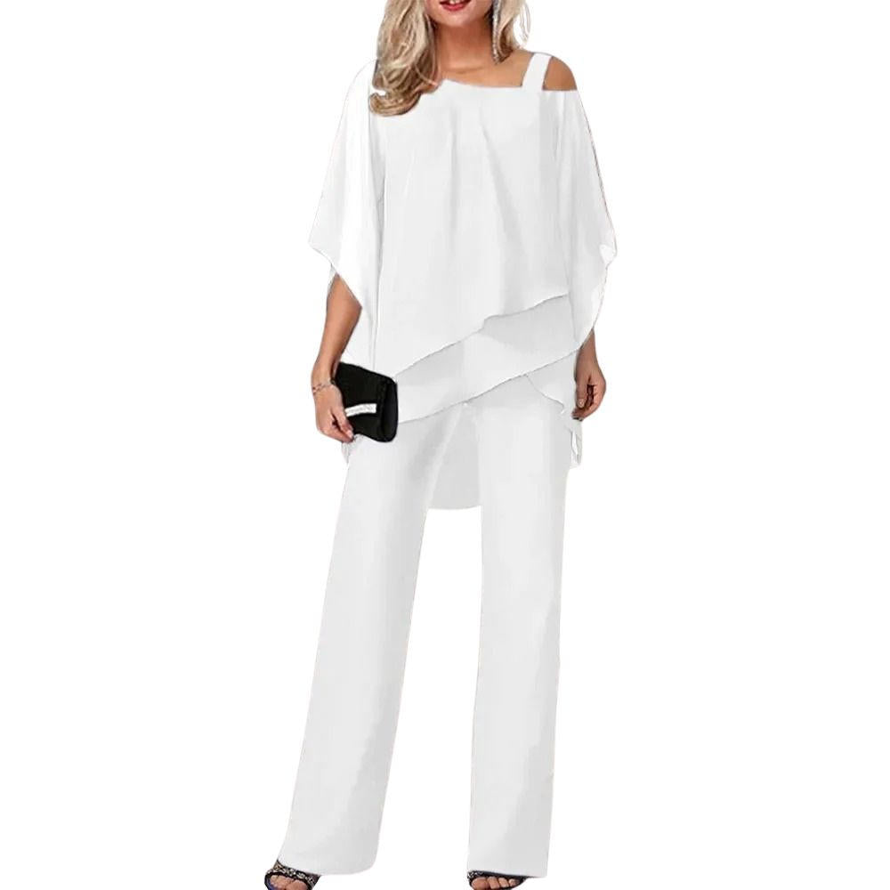 Women's Two-Piece Pantsuit with Batwing Sleeves – Shimmer Detail Dressy Set