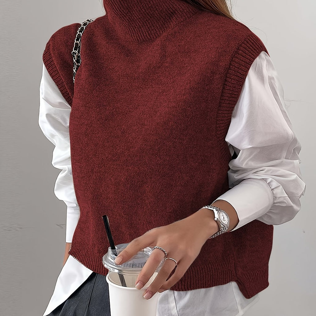Women's Ribbed Turtleneck Sweater Vest – Loose Fit Sleeveless Knit Top