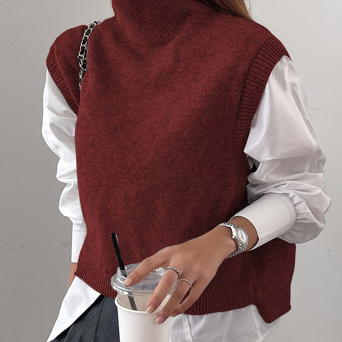 Women's Ribbed Turtleneck Sweater Vest – Loose Fit Sleeveless Knit Top