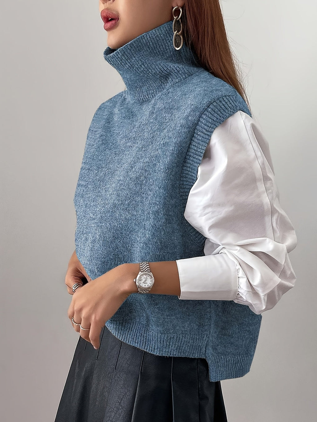 Women's Ribbed Turtleneck Sweater Vest – Loose Fit Sleeveless Knit Top
