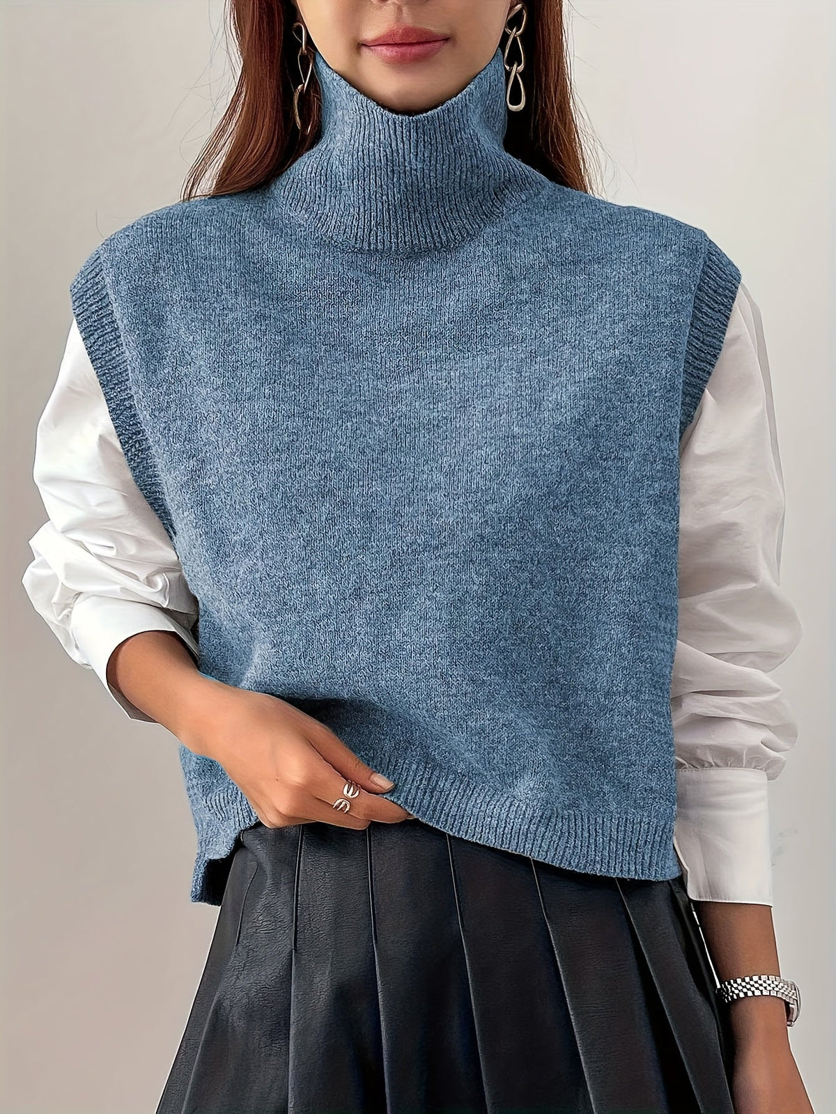 Women's Ribbed Turtleneck Sweater Vest – Loose Fit Sleeveless Knit Top