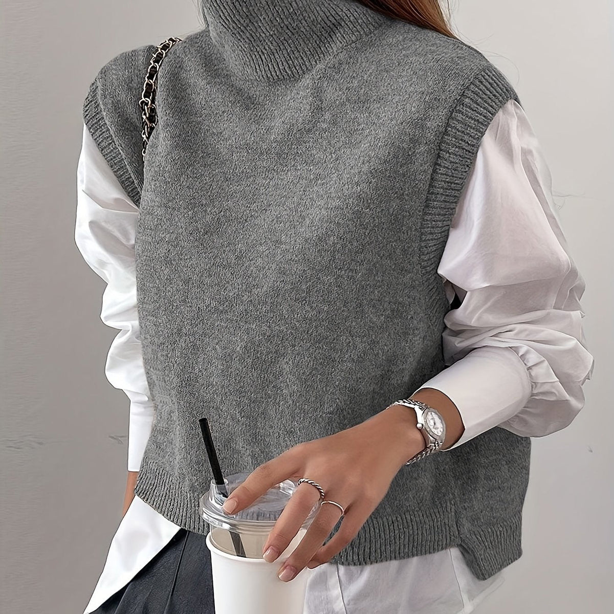 Women's Ribbed Turtleneck Sweater Vest – Loose Fit Sleeveless Knit Top