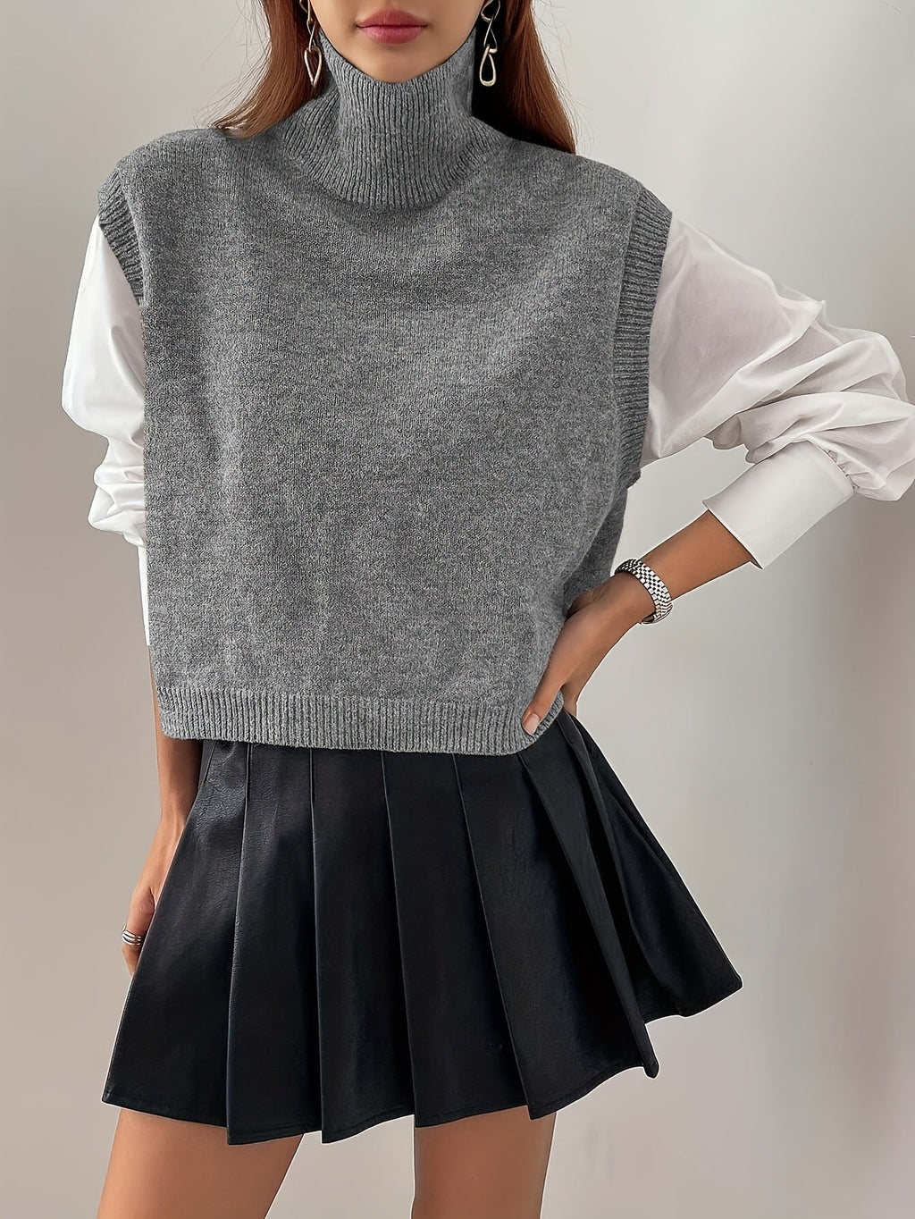 Women's Ribbed Turtleneck Sweater Vest – Loose Fit Sleeveless Knit Top