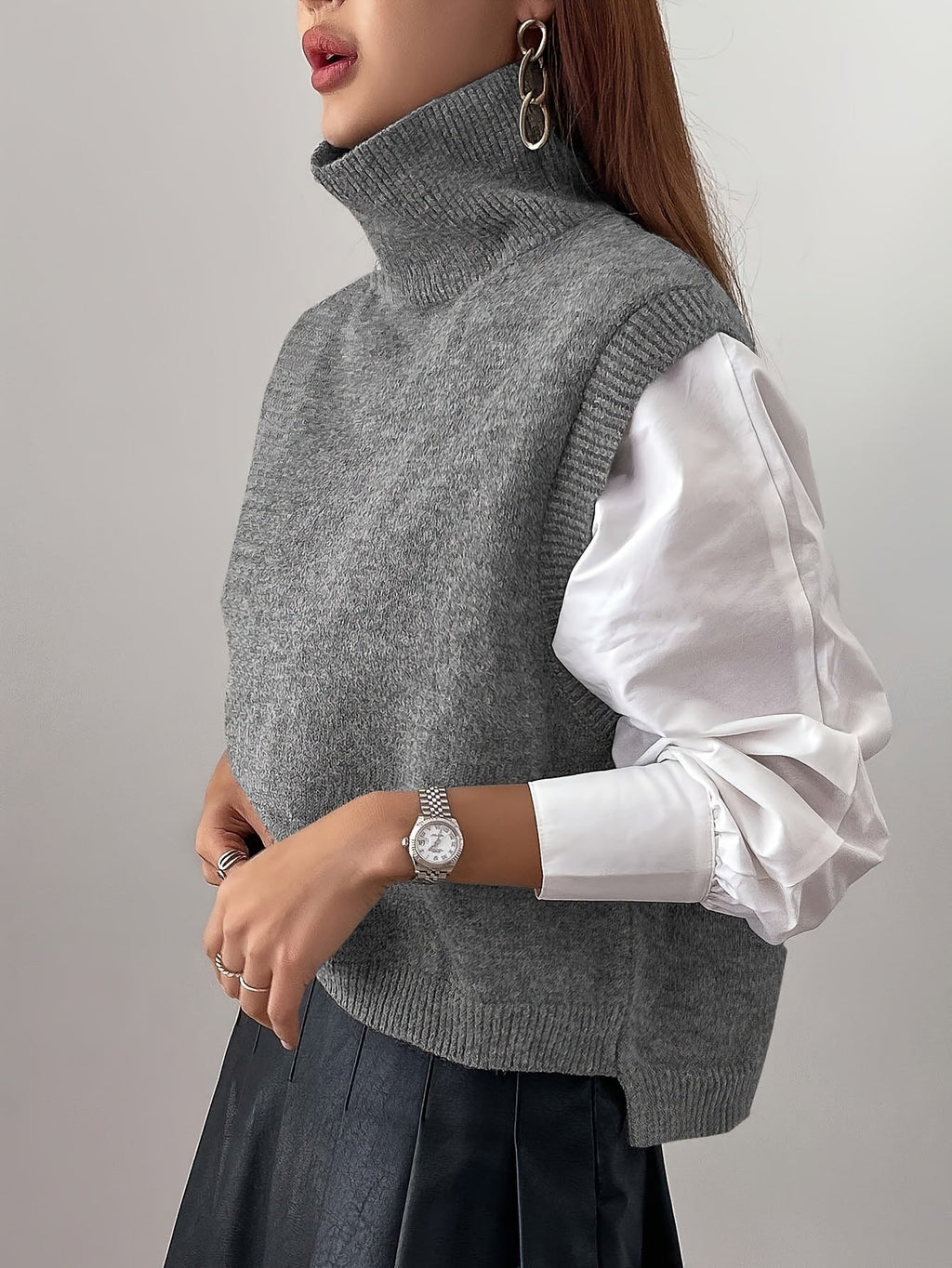 Women's Ribbed Turtleneck Sweater Vest – Loose Fit Sleeveless Knit Top