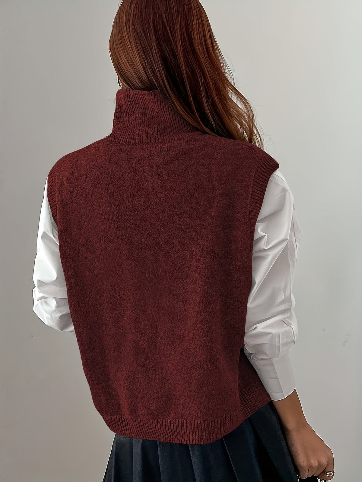 Women's Ribbed Turtleneck Sweater Vest – Loose Fit Sleeveless Knit Top