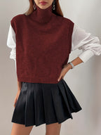 Women's Ribbed Turtleneck Sweater Vest – Loose Fit Sleeveless Knit Top
