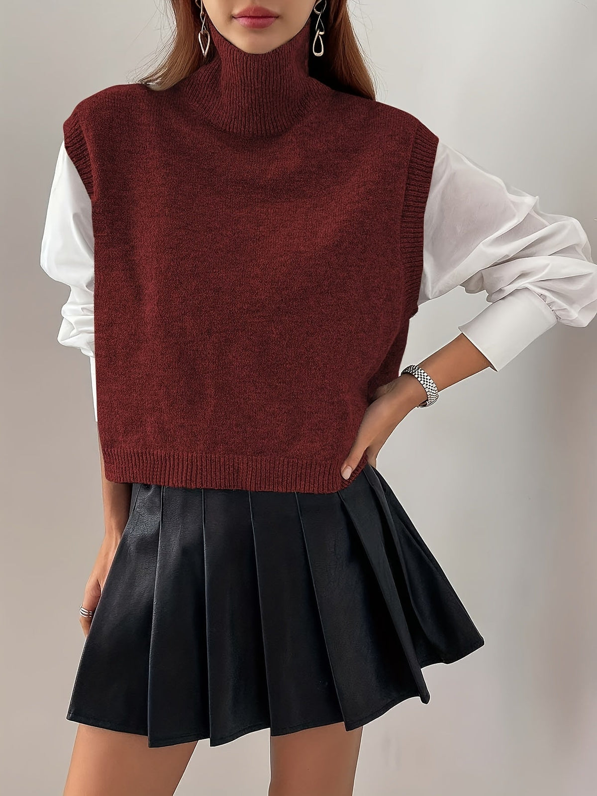 Women's Ribbed Turtleneck Sweater Vest – Loose Fit Sleeveless Knit Top