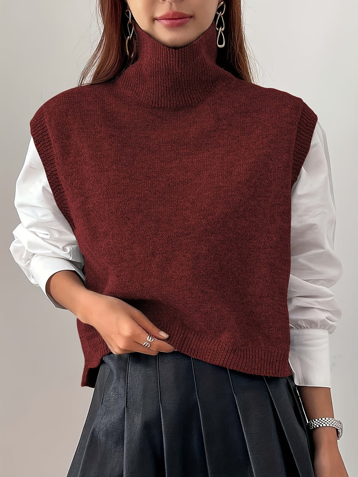 Women's Ribbed Turtleneck Sweater Vest – Loose Fit Sleeveless Knit Top