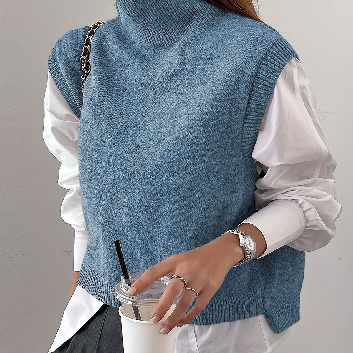 Women's Ribbed Turtleneck Sweater Vest – Loose Fit Sleeveless Knit Top
