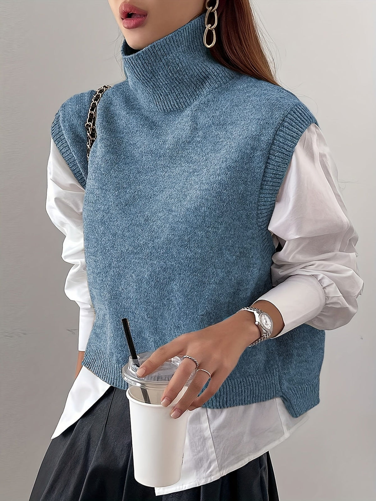 Women's Ribbed Turtleneck Sweater Vest – Loose Fit Sleeveless Knit Top