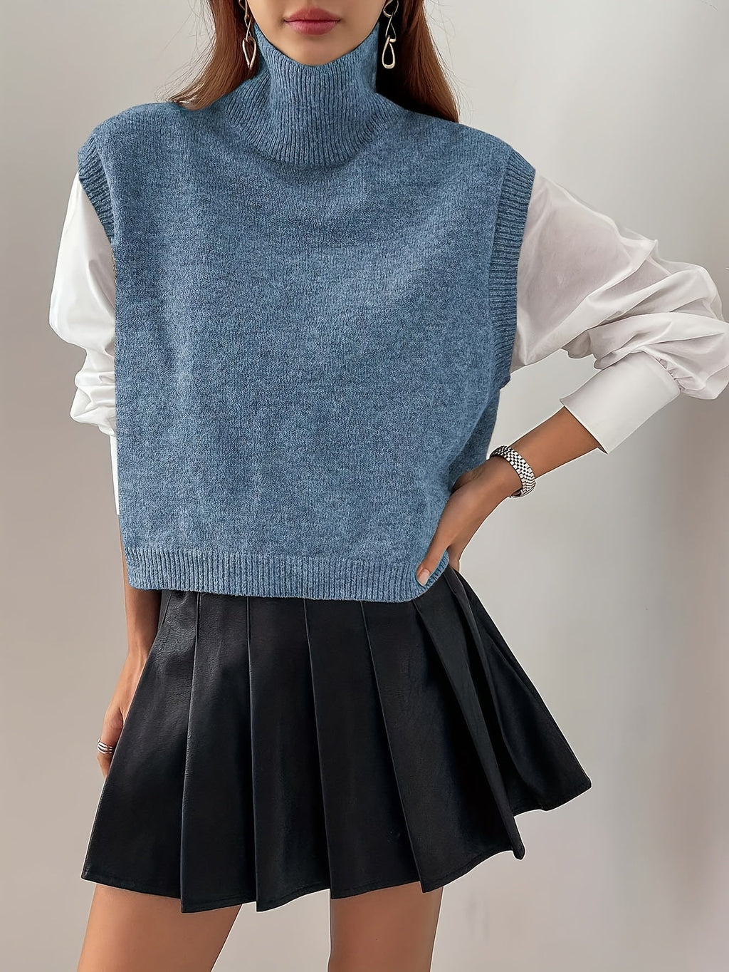 Women's Ribbed Turtleneck Sweater Vest – Loose Fit Sleeveless Knit Top