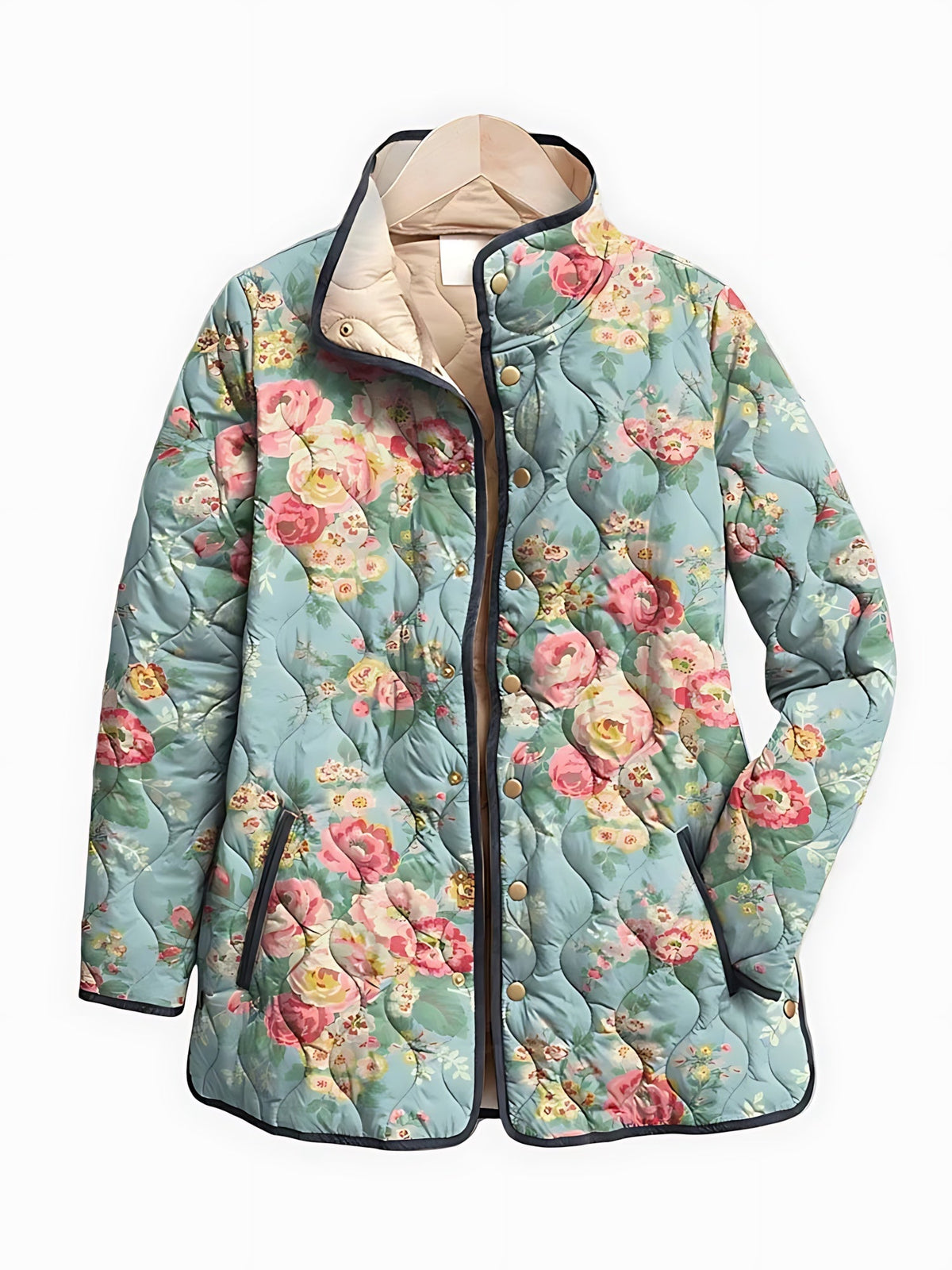 Women's Floral Quilted Hooded Jacket – Zip-Up Lightweight Layer with Pockets