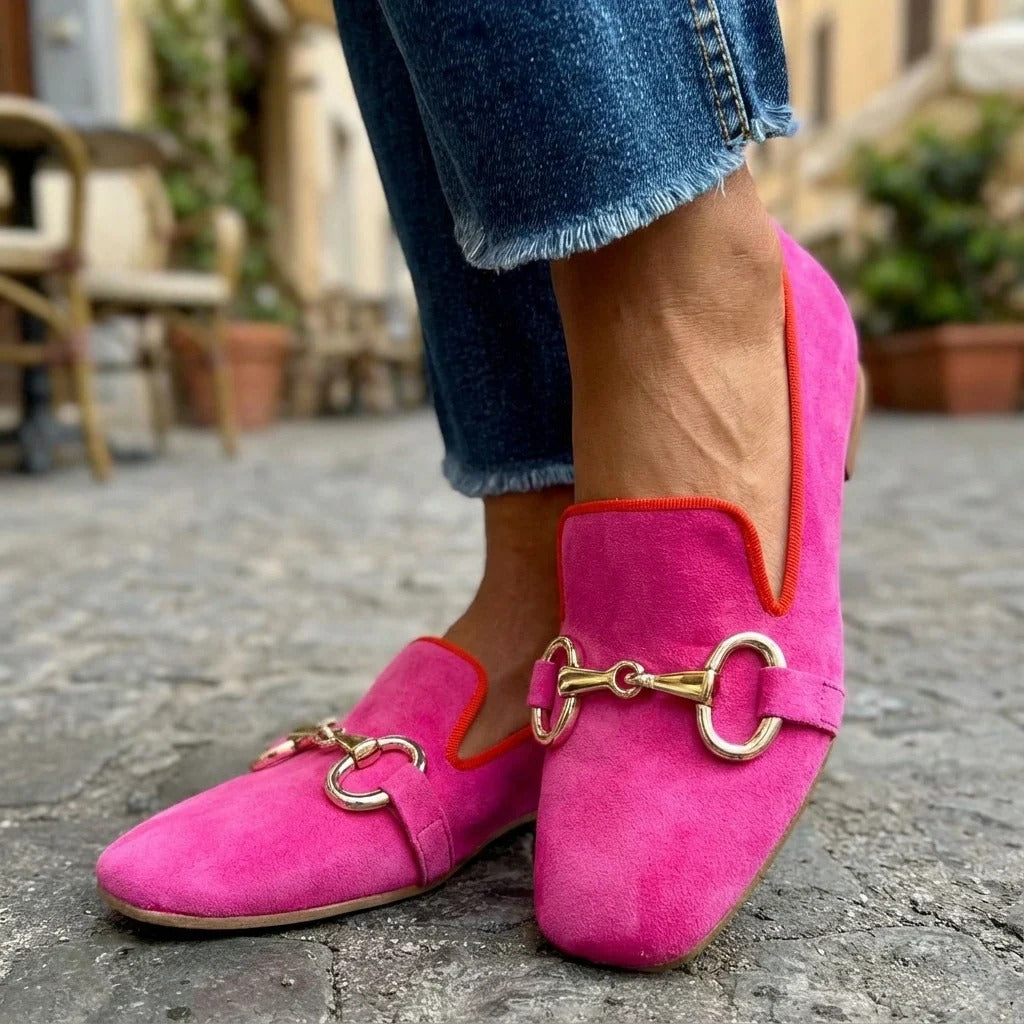 Women's Bright Suede Loafers – Metal Detail Slip-On Flats in Pink and Green