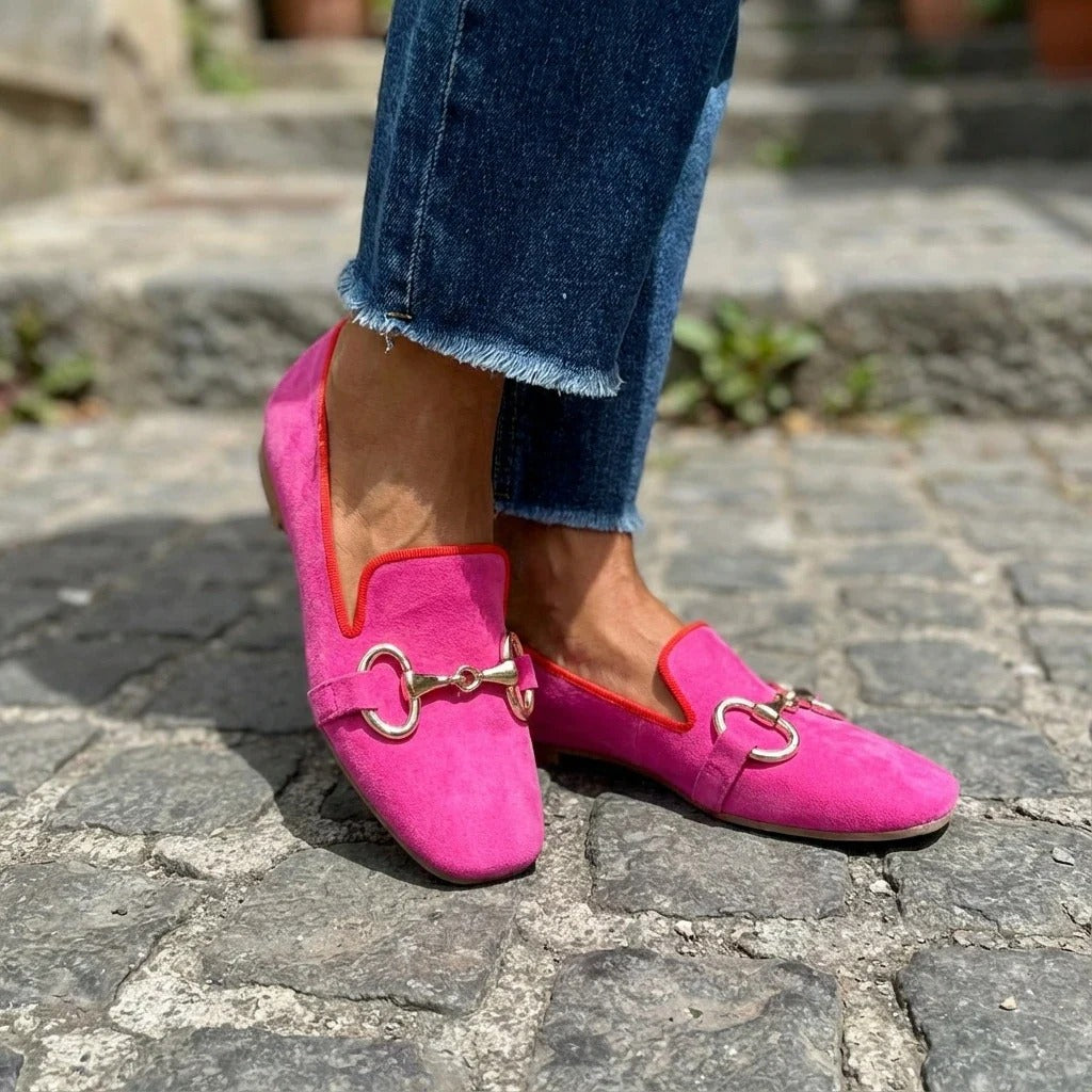 Women's Bright Suede Loafers – Metal Detail Slip-On Flats in Pink and Green
