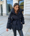 Women's Oversized Belted Puffer Jacket – Short Padded Winter Coat with Large Collar
