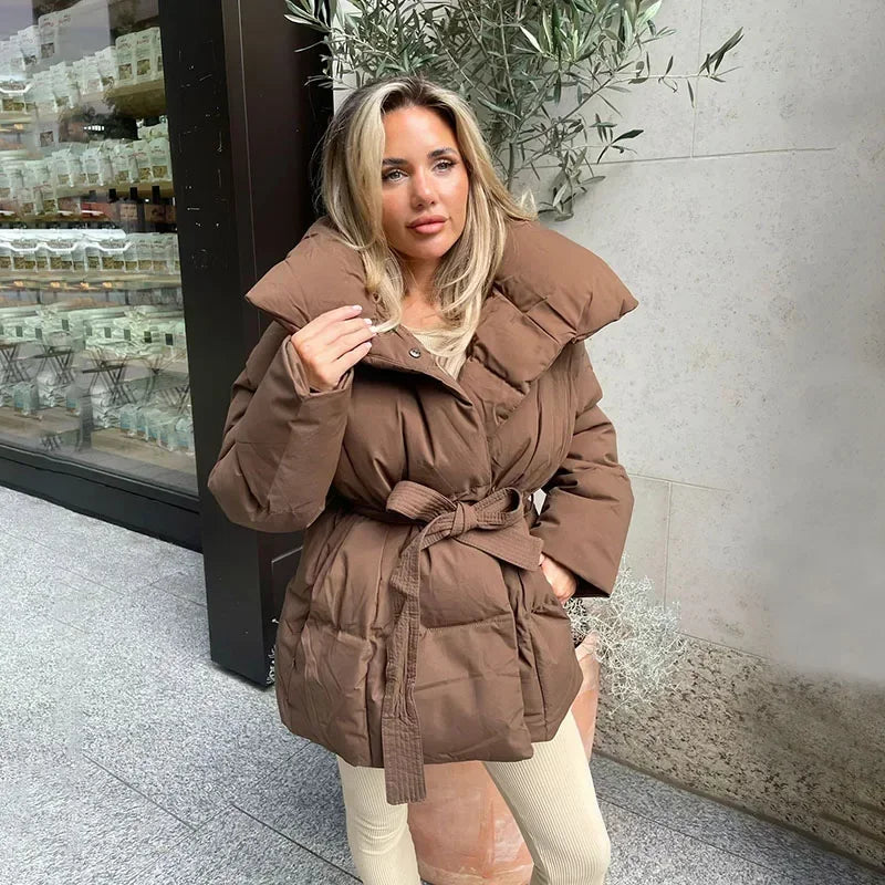 Women's Oversized Belted Puffer Jacket – Short Padded Winter Coat with Large Collar