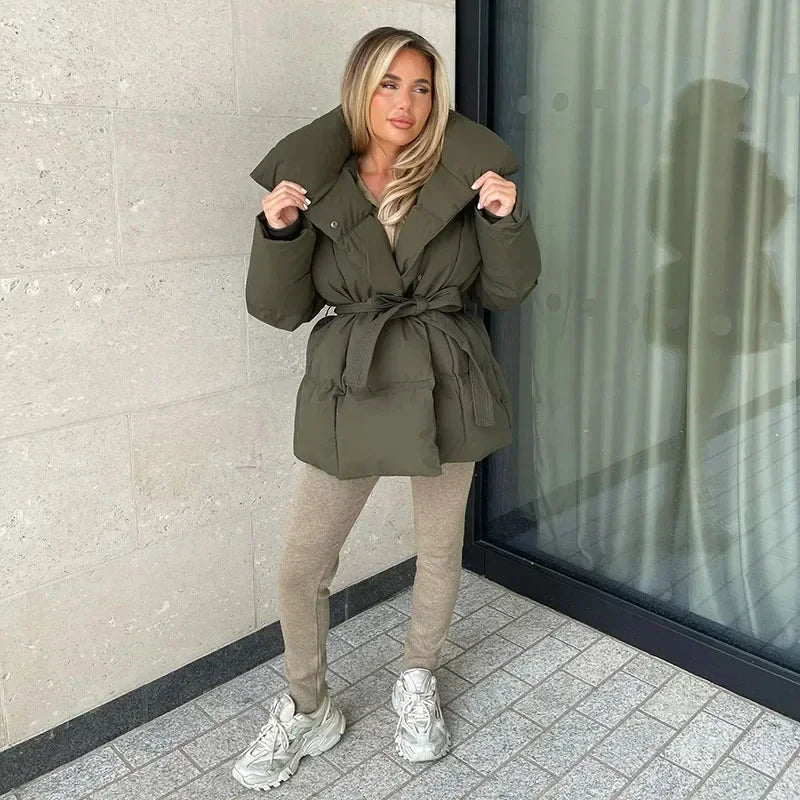 Women's Oversized Belted Puffer Jacket – Short Padded Winter Coat with Large Collar