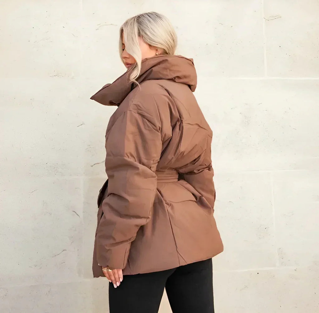 Women's Oversized Belted Puffer Jacket – Short Padded Winter Coat with Large Collar