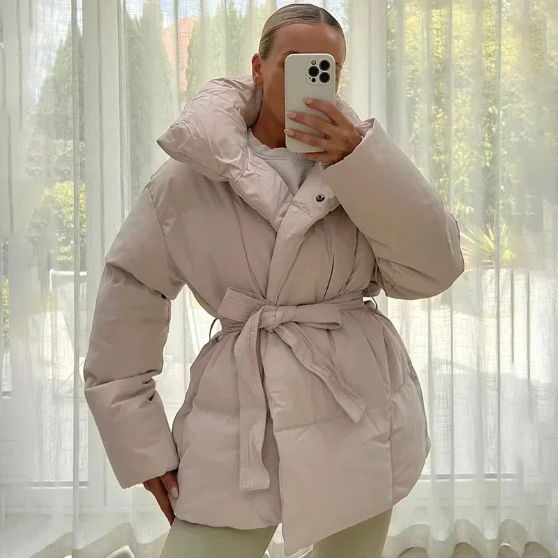 Women's Oversized Belted Puffer Jacket – Short Padded Winter Coat with Large Collar