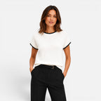 Women's Contrast Trim Knit Top Short Sleeve Relaxed Fit