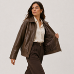 Women's Relaxed Fit Leather Look Jacket with Classic Collar
