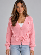 Women's Bow Detail Knit Cardigan – Textured V-Neck Button-Front Cropped Sweater