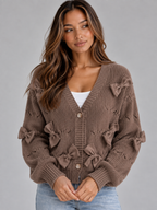 Women's Bow Detail Knit Cardigan – Textured V-Neck Button-Front Cropped Sweater