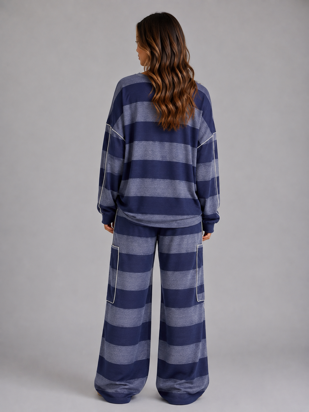 Women's Striped Sweatshirt and Wide-Leg Pants Set – Oversized Two-Piece Lounge Set