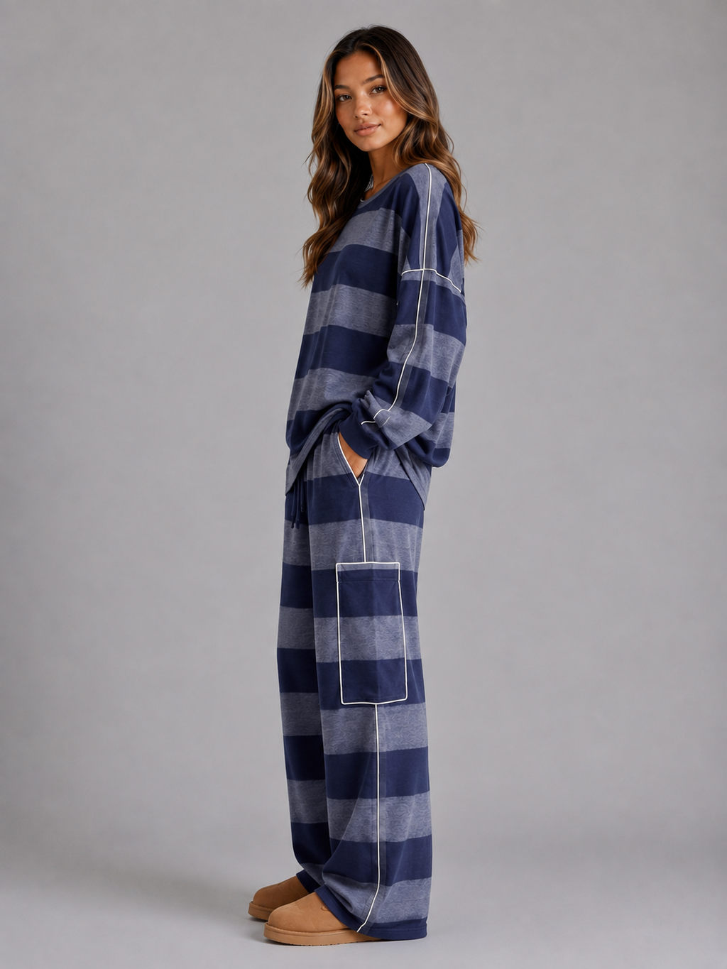 Women's Striped Sweatshirt and Wide-Leg Pants Set – Oversized Two-Piece Lounge Set