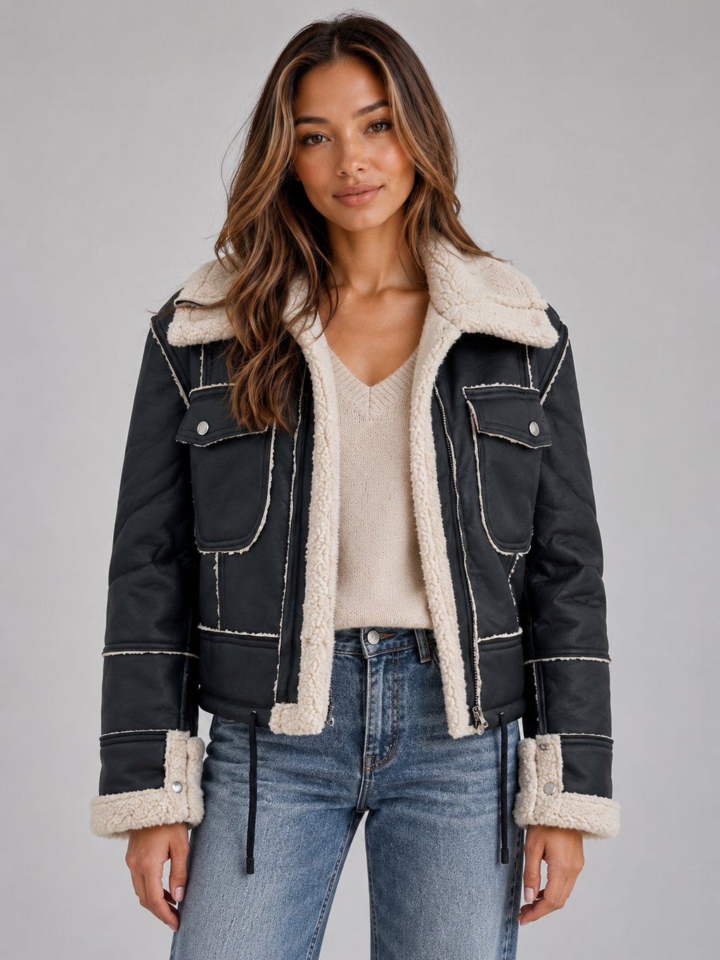 Women's Cropped Aviator Jacket – Faux Shearling Collar Zip-Up Jacket