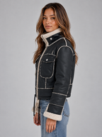 Women's Cropped Aviator Jacket – Faux Shearling Collar Zip-Up Jacket