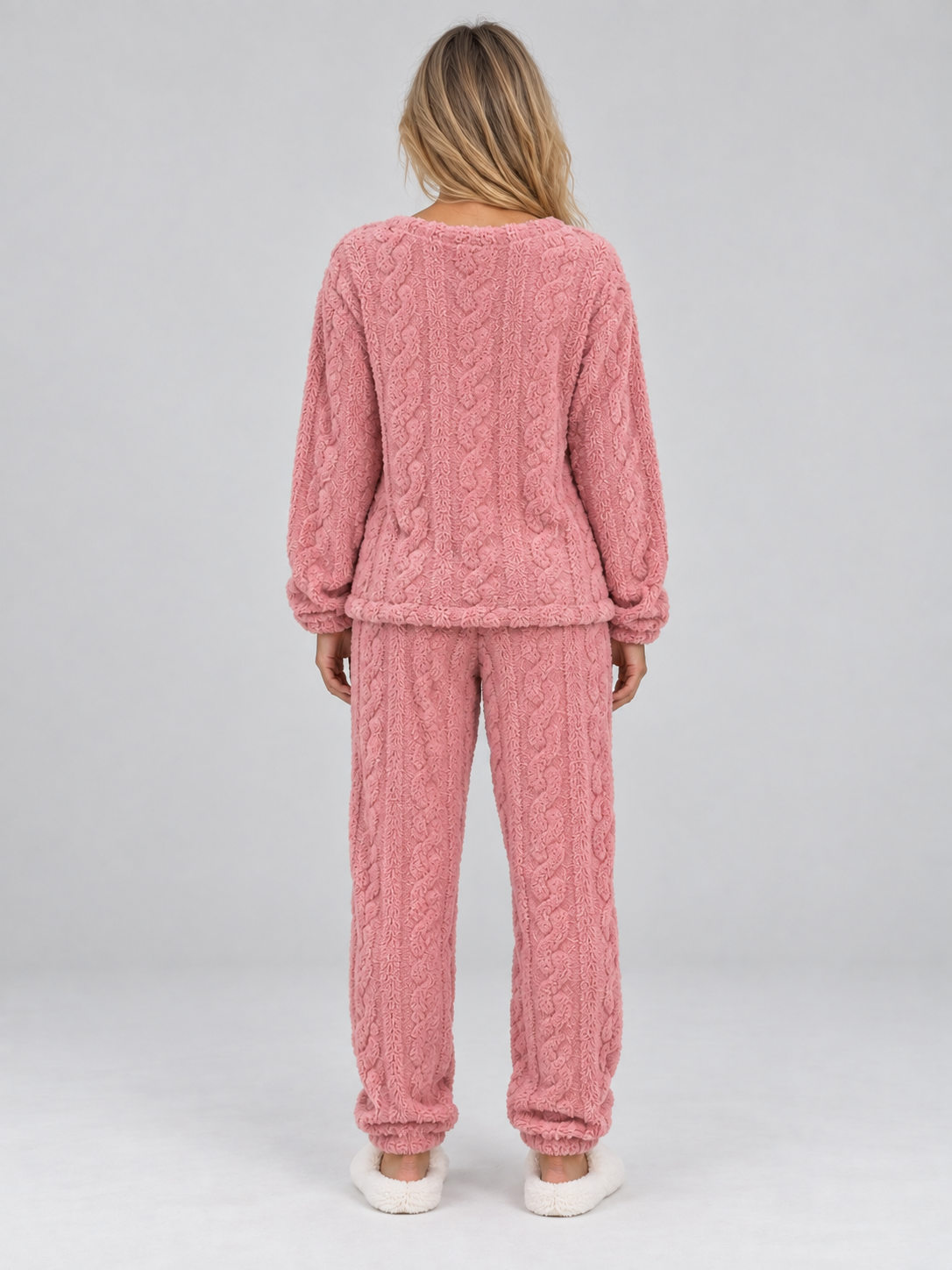 Women's Fleece Pajama Set – Cable Texture Long Sleeve Top and Pants