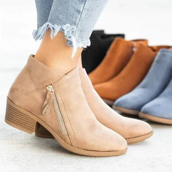 Women's Block Heel Ankle Boots – Side Zip Suede-Look Pointed Booties