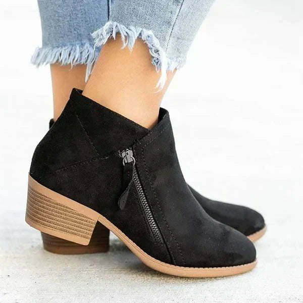 Women's Block Heel Ankle Boots – Side Zip Suede-Look Pointed Booties