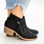 Women's Block Heel Ankle Boots – Side Zip Suede-Look Pointed Booties