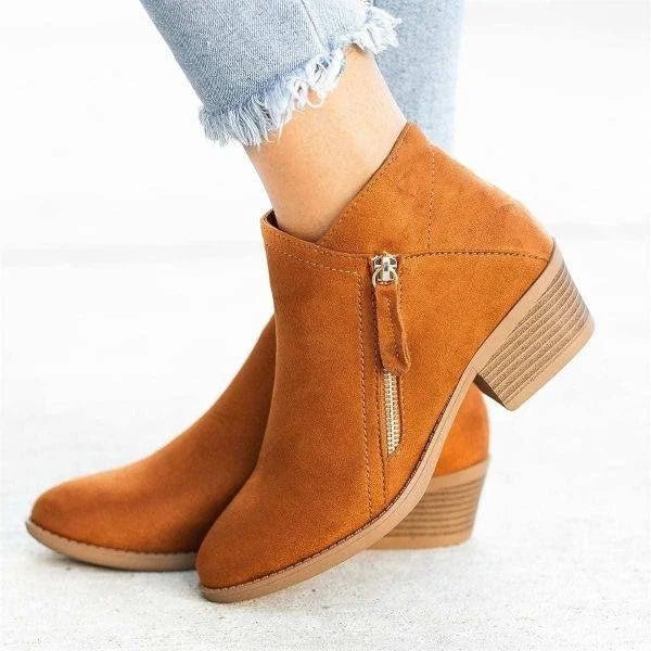 Women's Block Heel Ankle Boots – Side Zip Suede-Look Pointed Booties